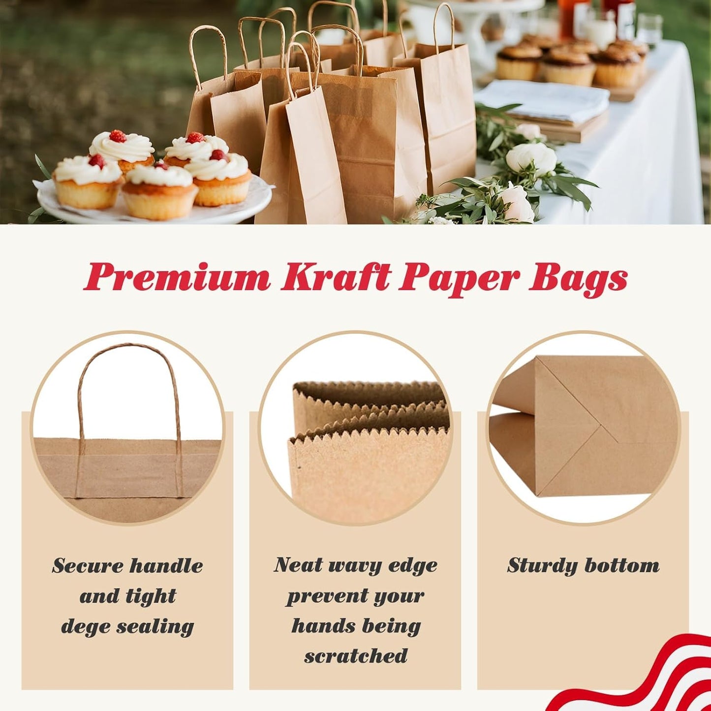GSSUSA 100 Pack 8x4.25x10'' Paper Gift Bags with Handles Bulk, Brown Kraft Bags for Small Business, Sturdy Retail Shopping, Birthday Wedding Party Favor Craft Bag(Made in USA)
