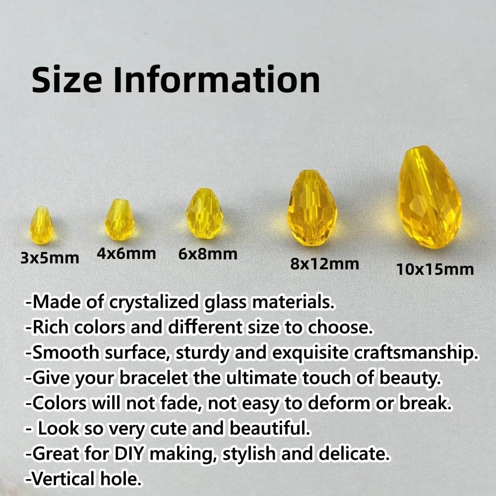 100pcs 8x12mm Teardrop Crystal Glass Beads for Jewelry Making, Faceted Vertical Hole Teardrop Glass Spacer Beads for Wind Chimes Bracelet Earring Necklace DIY Craft(Gold Yellow)