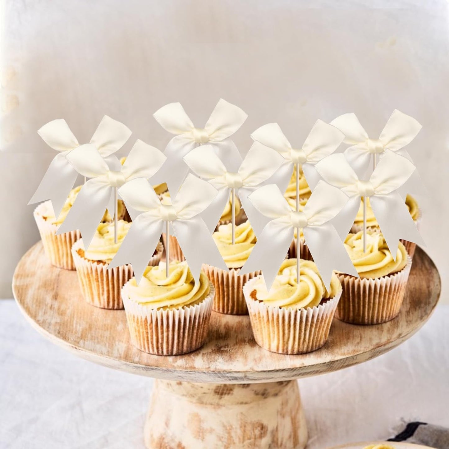 24 PCS Bow Cupcake Toppers Bowknot Coquette Bow Girls Birthday Cake Decorations Bow Cake Toppers Bowknot Cupcake Picks for Baby Shower Birthday Wedding Bridal Engagement Party Supplies Beige