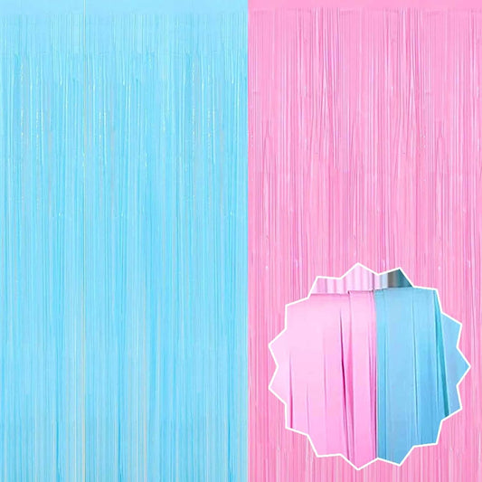 6 Pack Macaron Pink Blue Foil Fringe Curtains Backdrop, 3.28 x 8.2 Ft Metallic Streamers Tinsel Curtains Background for Photo Booth, Birthday, Weddings, Carnivals, Graduation, Themed Party Decorations