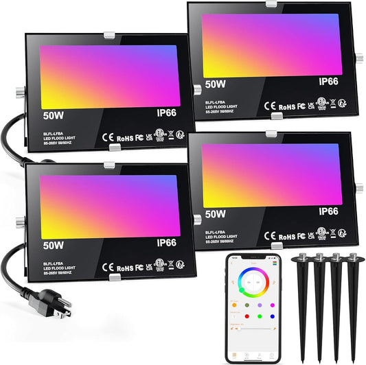 LED Flood Light Outdoor 500W Equivalent 5000LM,Bluetooth RGBW Colored Floodlight Landscape Lighting with APP Control,DIY Scenes,Timing, IP66 Waterproof,2700K,Color Changing Uplight with Ground Stakes