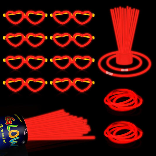 60 Pack 8” Red Glow Sticks Bulk Bright Glow Sticks with 60 Connectors 20 Heart Glasses Glow In The Dark Party Supplies Neon Party Decorations Glow Bracelet Glasses for Holiday Carnival(Red)