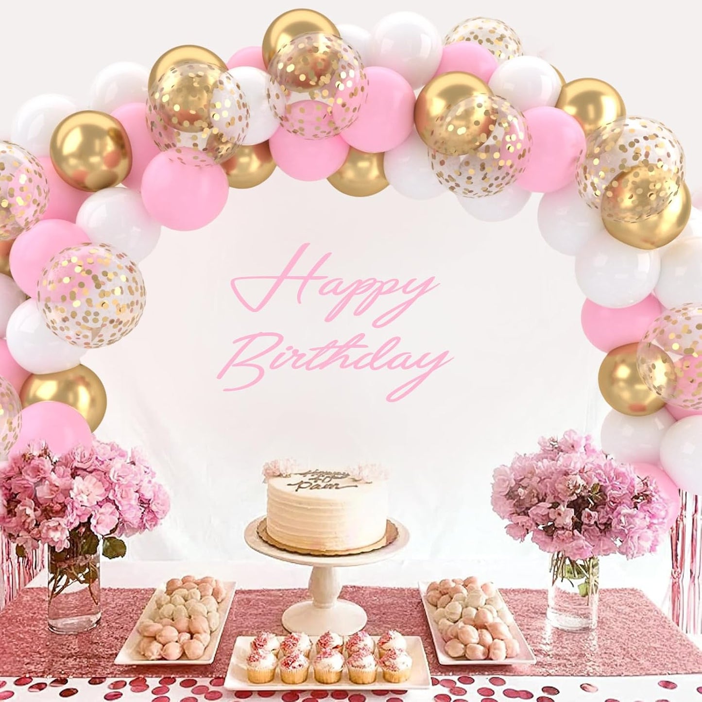 Patimate Pink Gold Confetti Balloons Set, 50 pcs 12 inch Metallic Gold Pastel Pink White Confetti Latex Balloons Kit for Birthday Baby Shower Girl Princess Party Decorations