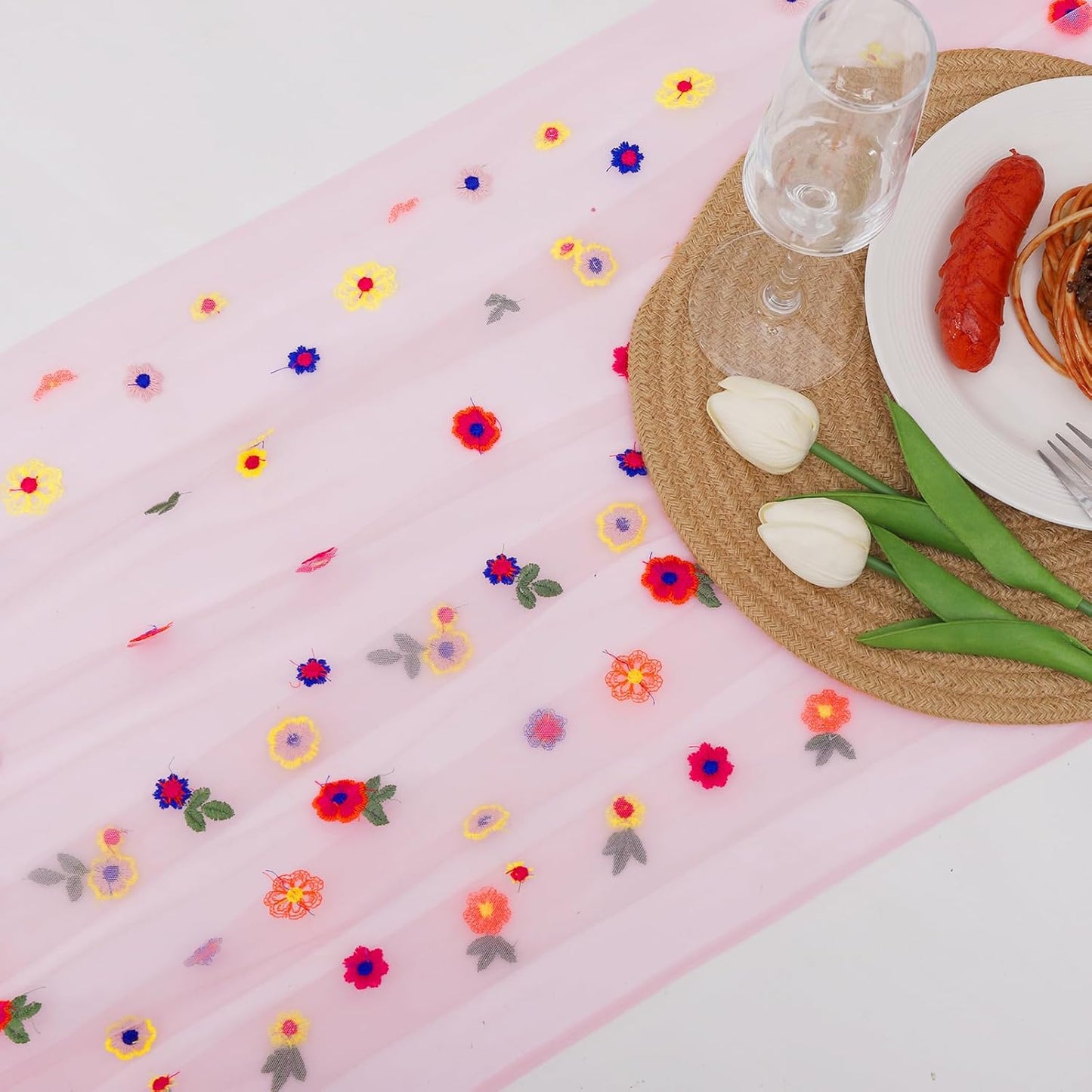 BINBE 12pcs Daisy Fall Table Runner Embroidery Gauze 10FT Florals Seasonal Tulle Holiday Birthday Kitchen Dining Table Decor for Home Party Pink