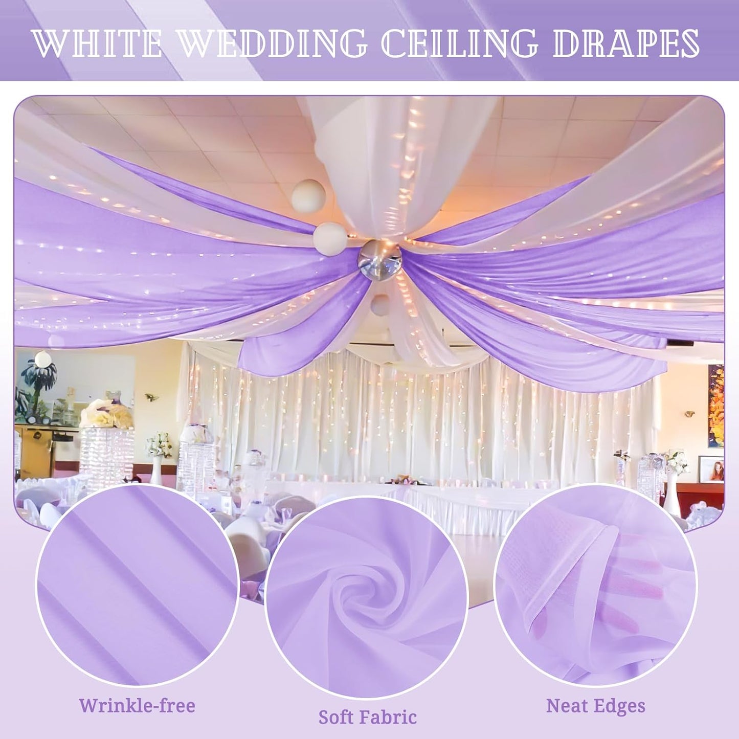 6 Panels Lavender Ceiling Drapes for Wedding 5ftx20ft Chiffon Fabric Arch Draping Curtains Sheer Drapery for Party Ceremony Birthday Baby Shower Reception Stage Swag Ceiling Decorations