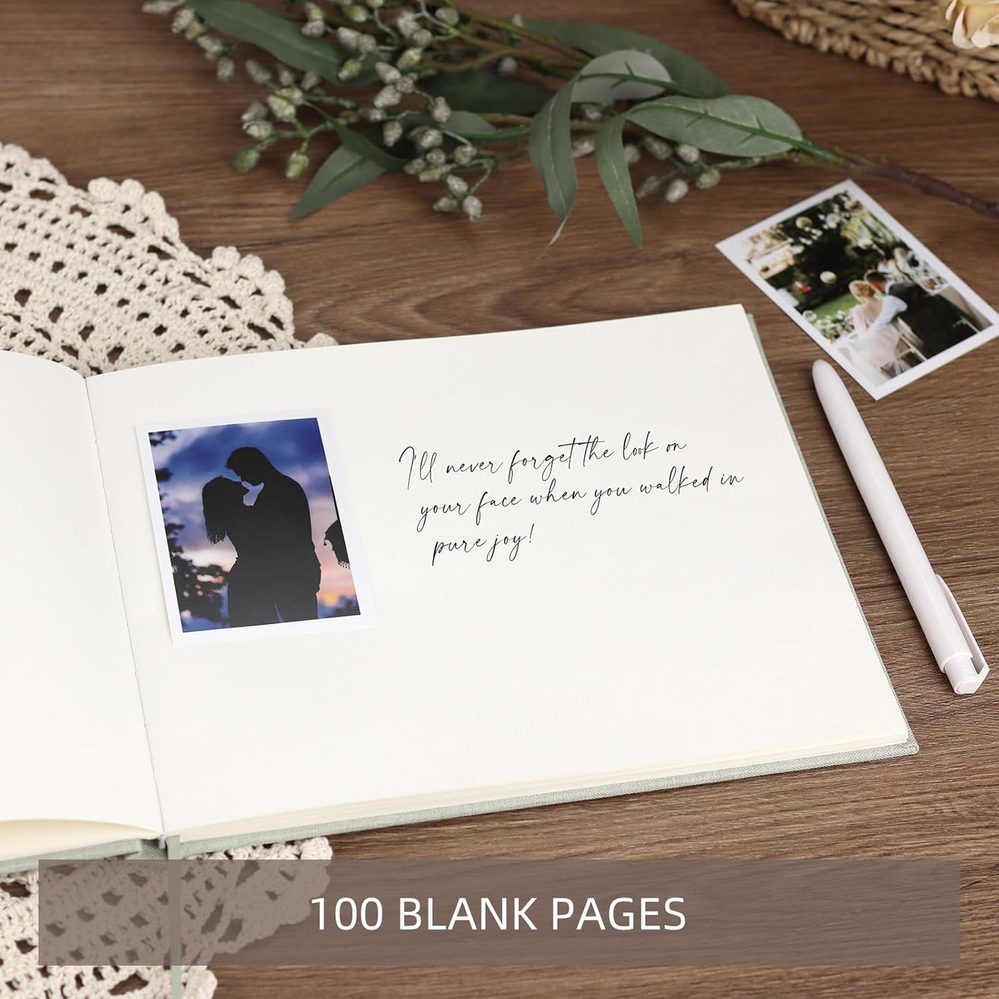 Elegant Guest Book for Wedding Reception, Beautiful Guestbook for Baby Shower and Wedding Decor, 100 Blank Pages for Sign in, Polaroid Pictures and Photos, Linen Cover (2025, Sage)