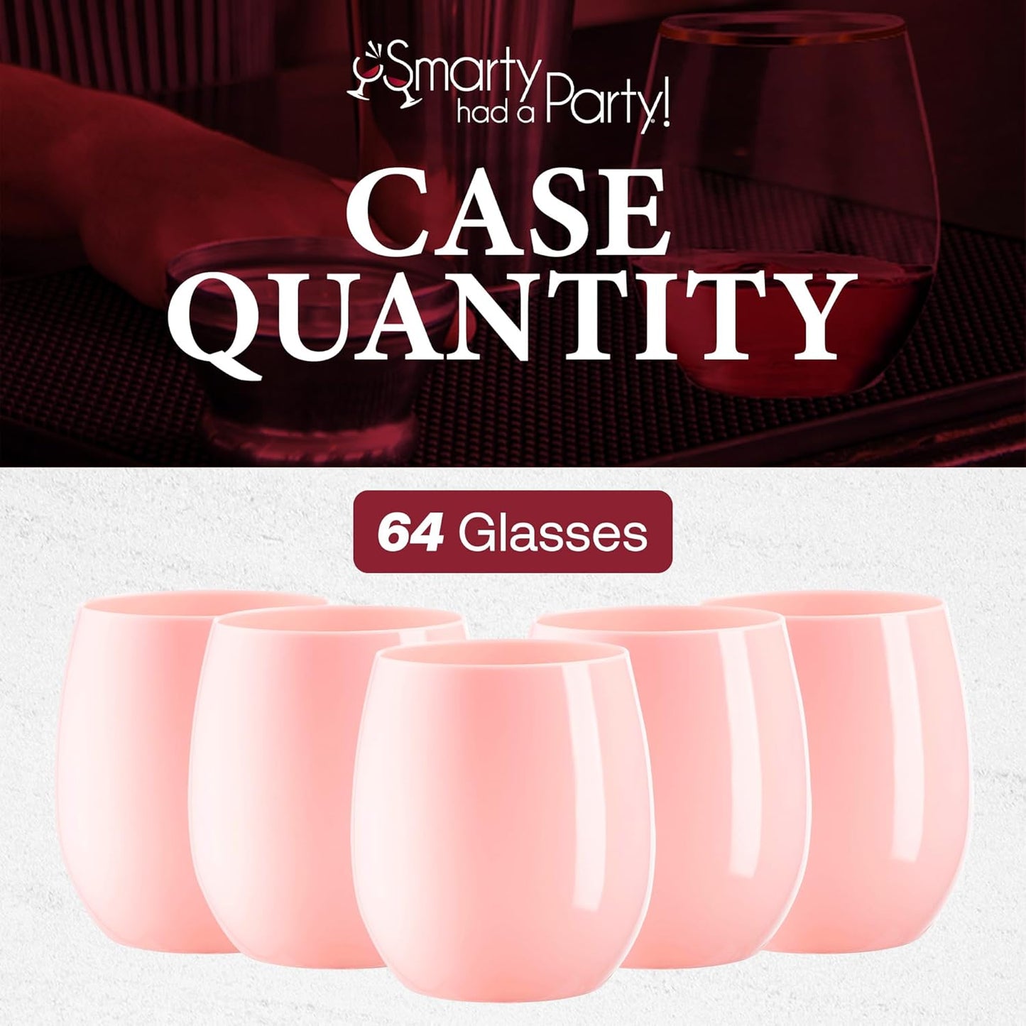 Smarty Had A Party 64 Glasses 12 oz. Solid Pink Elegant Stemless Plastic Wine Glasses, Disposable Drinkware, Plastic Wine Glasses for Parties