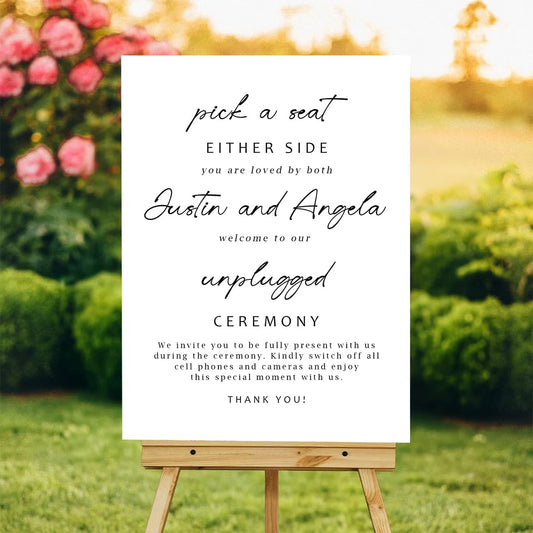 Minimalist Pick a Seat & Unplugged Wedding Sign – Custom Outdoor Yard Sign – Black and White Script Design