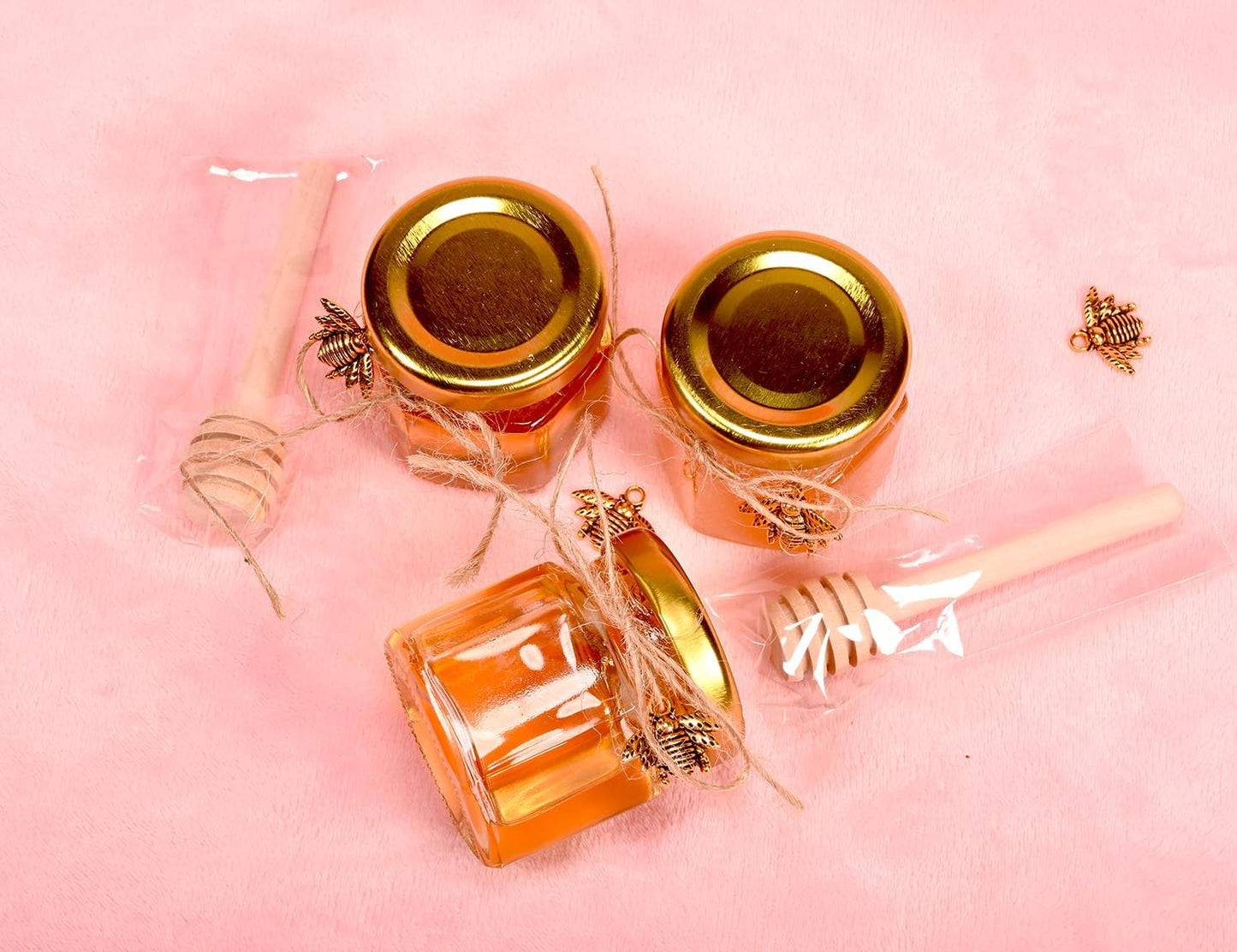 Honey Pot, Glass Honey Jars, Small Honey Jars with Wooden Dippers, Bee Charms, Gold Gift Bags and Jutes Lids, Mini Honey Jars Baby Shower Favors, 1.5oz 40 Pack