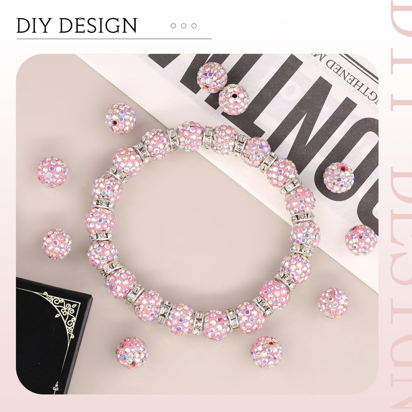 150pcs 10mm Rhinestone Beads for Jewelry Making, Pink AB Shiny Round Shamballa Disco Beads Bulk, Sparkle Crystal Clay Christmas for Bracelet Baseball Necklace Earring Crafting and DIY