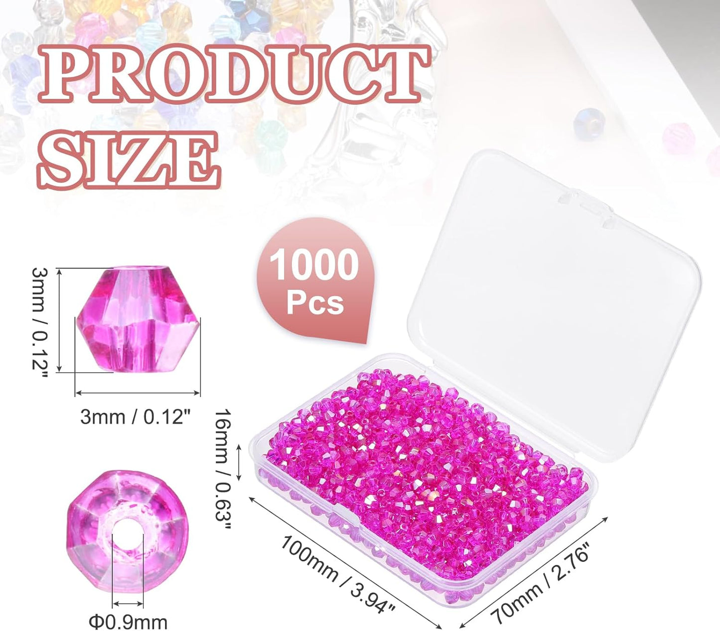 PATIKIL 1000pcs 3mm Bicone Glass Crystal Beads, Faceted Glass Spacer Beads with Box for Jewelry Making Bracelet Necklace Earrings DIY Suncatcher Craft, Rose Red AB