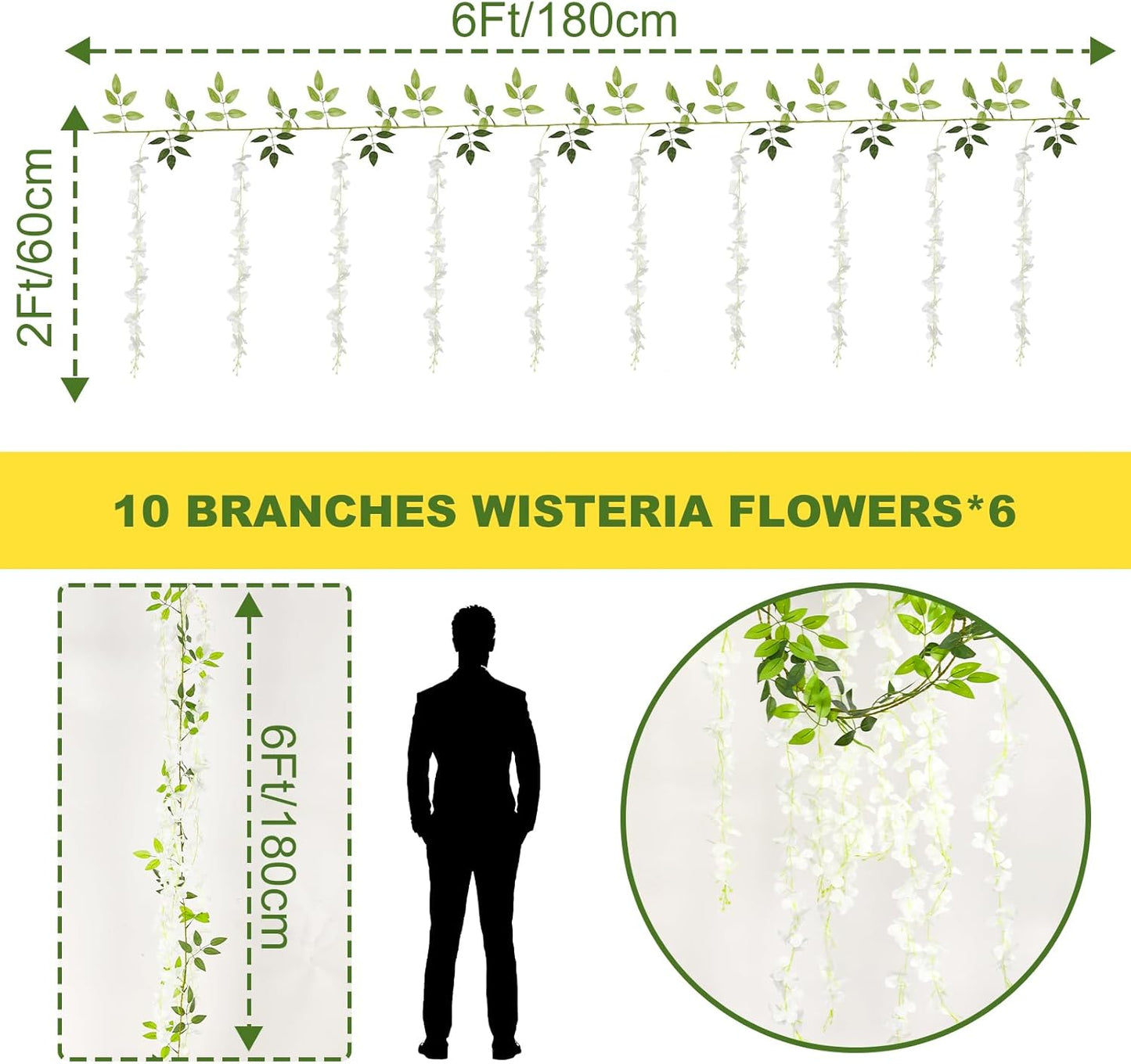 Wisteria Artificial Flowers Garland，10Pcs Total 60ft Silk Fake White Wisteria Flowers Hanging for Home Garden Wedding Arch Party Indoor Outdoor Decor