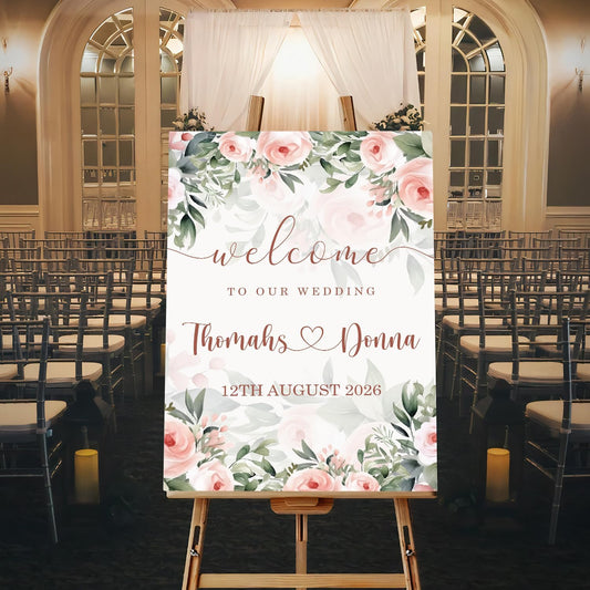 Blush Pink Rose Wedding Welcome Sign, Editable Floral Template, Gentle Modern Printable Sign for Ceremony or Reception