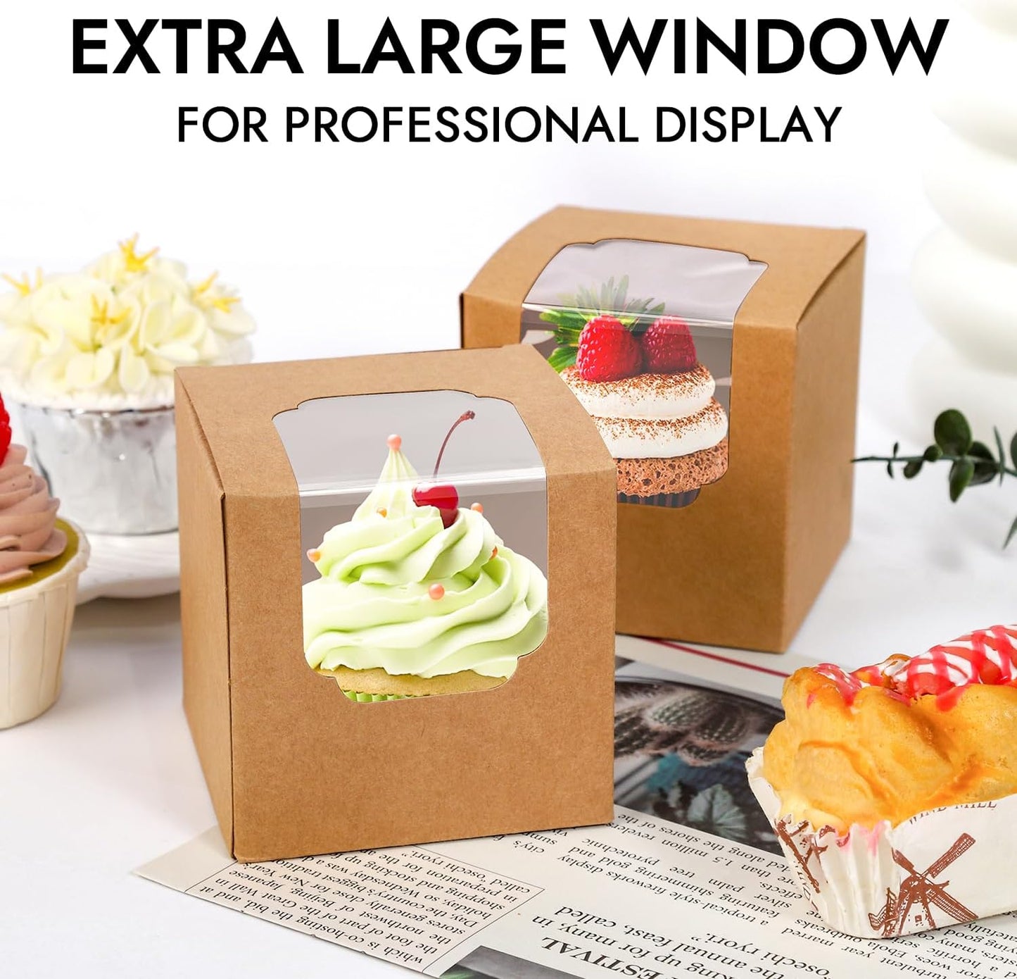 JCD 120pcs Cupcake Boxes, 3.5inches Individual Pre-Assembled Kraft Brown Cupcake Boxes with Window Single Cupcake Containers for Mother's Day, Birthdays, Baby Shower (Brown/120Pcs)