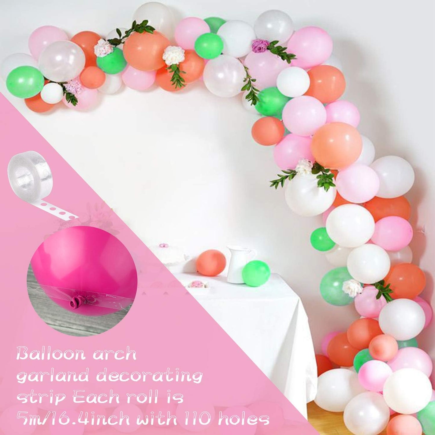 FEPITO 124Pcs Tropical Balloons Garland Kit - Pink Green Balloon Arch With Palm Leaves, Tape Strip, Dot Glue and Tying Tool for Party Decor, Birthday Supplies