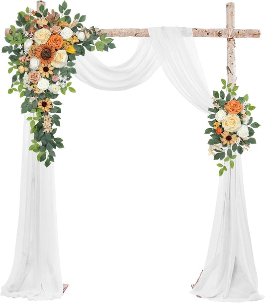 Wedding Arch Flowers Kit,Artificial Flower Arch Decor (Set of 3),2pcs Artificial Flower Arrangement with 1pc Sheer Drape for Wedding Decor Reception Backdrop Floral Decorations (Coffee Orange)