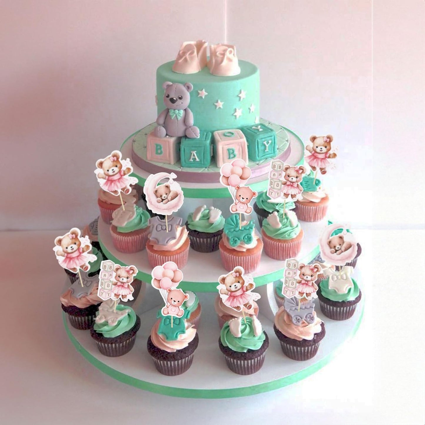 Gyufise 32Pcs Baby Shower Bear Cupcake Toppers Moon Baby Bear Baby Shower Cake Topper Decorations Jungle Animal Theme Birthday Party Cake Supplies Pink