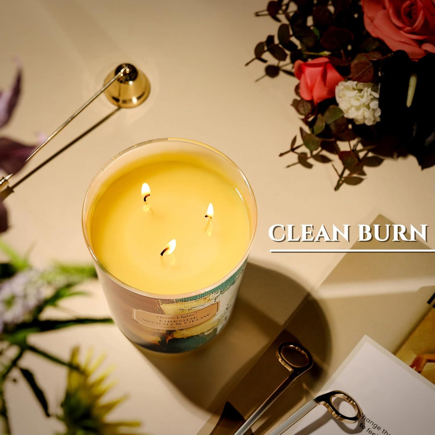 HomeLights 3-Wick Candles for Home Scented - 34oz Soy Wax Blend Candle Long-Lasting Fragrance, Industrial Chic Home Decor and Housewarming Gifts, Fireside Wood & Glow