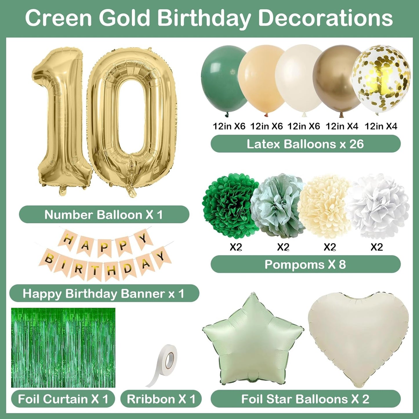 Sage Green 10th Birthday Decorations for Boys Girls Gold Number 10 Balloon Nude Gold Happy Birthday Banner Fringe Curtain Paper Pom Poms Olive Green Cream White Sand Star Foil Balloons Party Decor