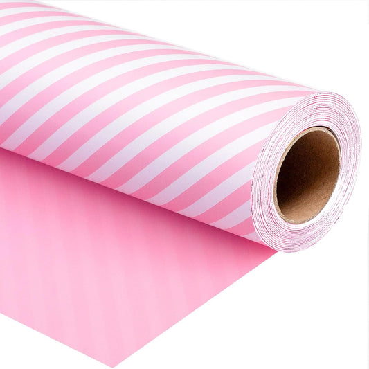 Burymento Pink and White Stripes Wrapping Paper, Reversible Pink Gift Wrap for Birthday, Valentines, Mothers day, Graduation, Wedding, Fathers day, Baby Shower, Christmas (17in x 32.8ft)
