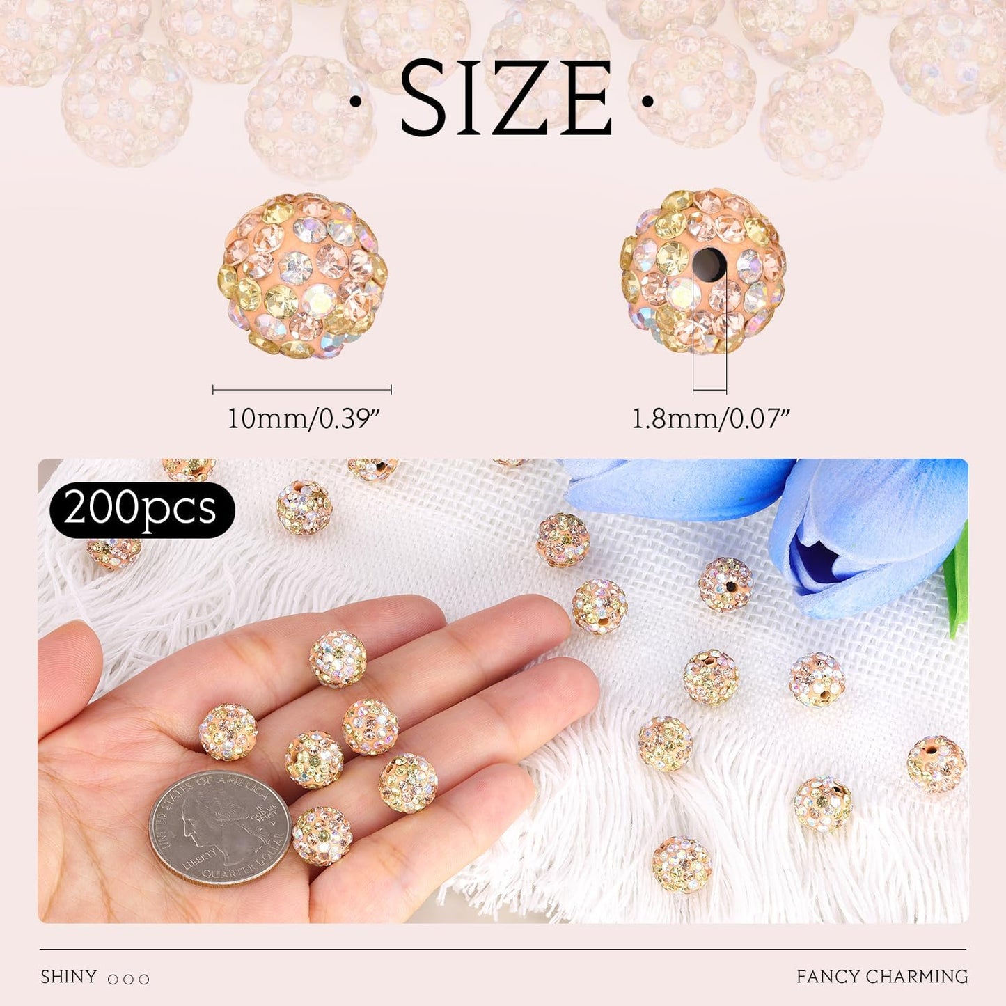 200pcs 10mm Light Peach AB Rhinestone Beads for Jewelry Making, Shiny Round Shamballa Disco Ball Beads, Sparkle Crystal Clay Christmas for Bracelet Baseball Necklace Earring Crafting and DIY