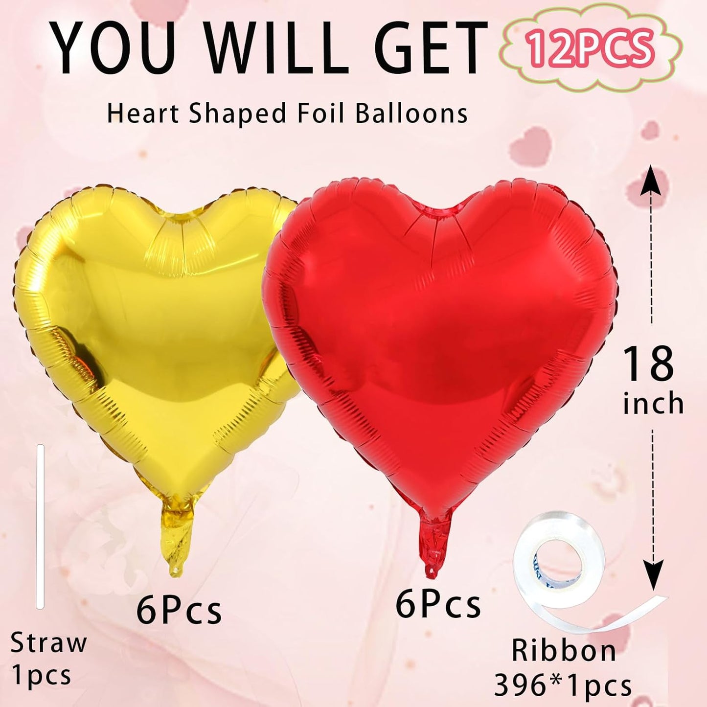Gold-Red Heart Balloons,18inch Gold Heart Shaped Foil Balloons & Red Foil Balloon for Anniversary Wedding Engagement Birthday Party Valentines Day Decorations(12Pcs)