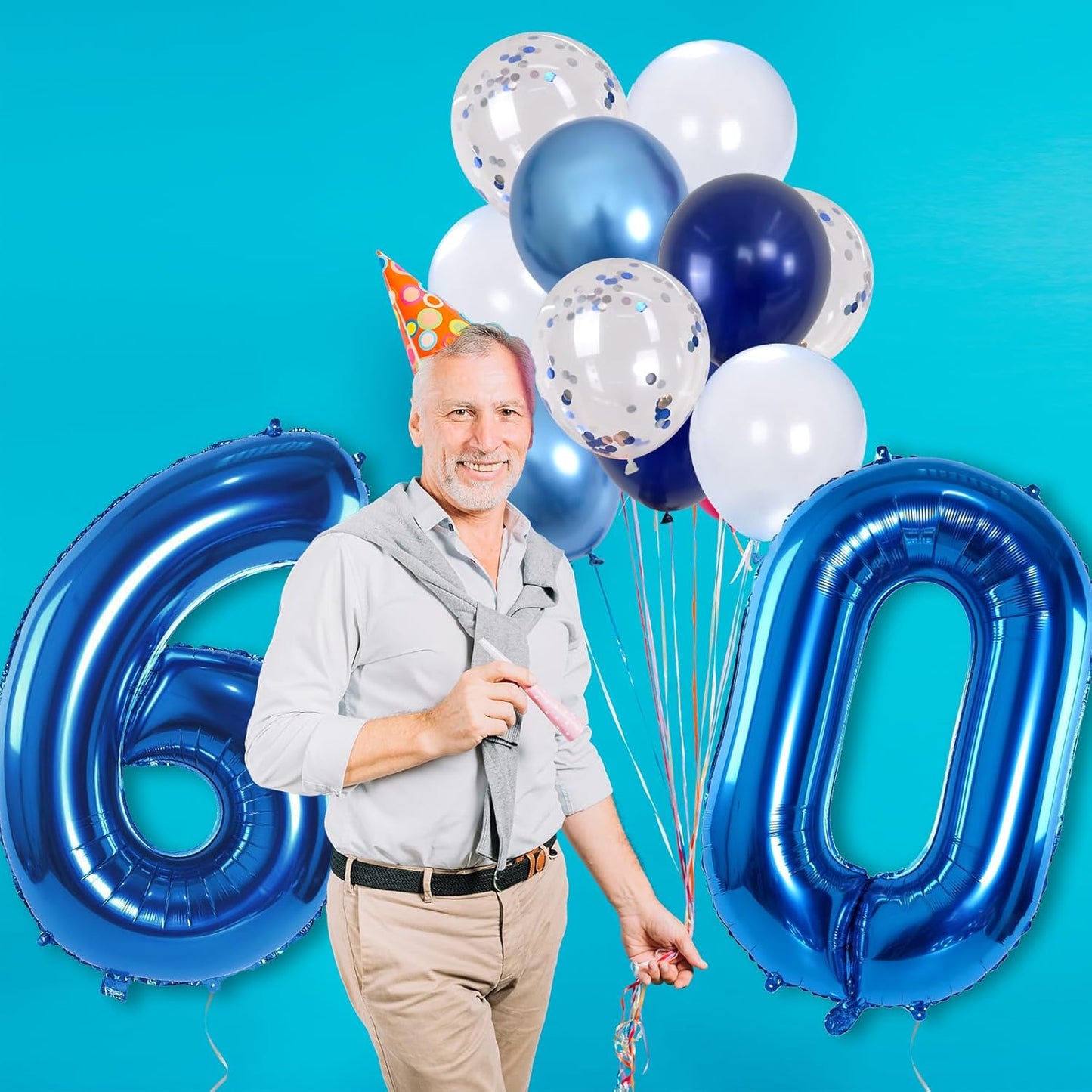 60 Balloon Number Blue, Big Number 60 Balloon Pastel Navy Dark Blue with Metallic Silver Confetti Balloon for Men 60th Birthday, Foil 40'' Self Inflating Balloon 60 for Anniversary Party Decorations