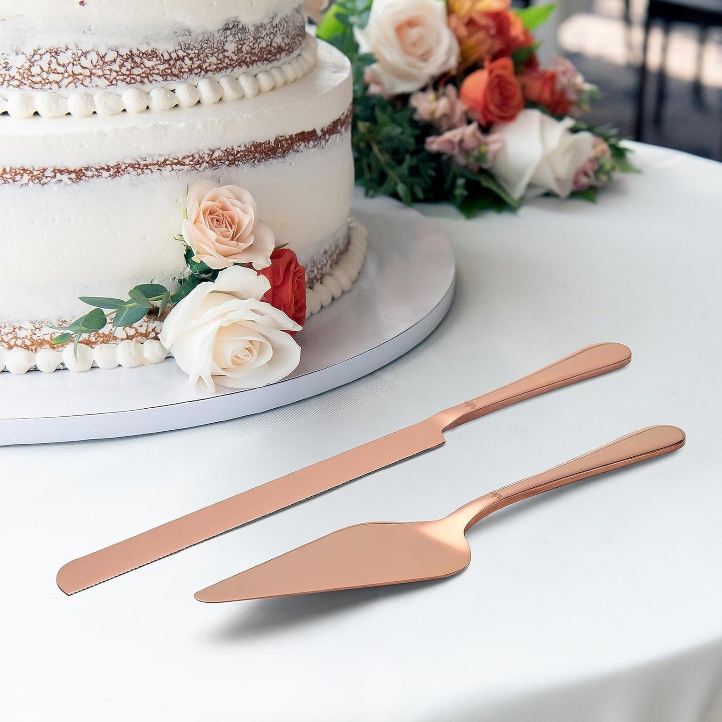 Cake Cutting Set for Wedding - Extended Cake Knife And Server Set Thickened Stainless Steel Cake Cutter and Pie Spatula Great for Birthday Anniversary Christmas Gift Rose Gold 2 Pcs
