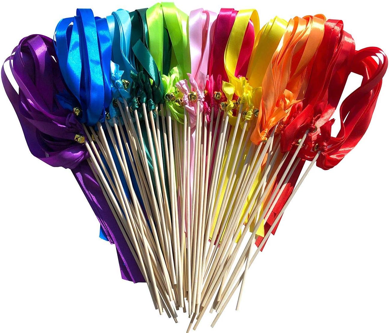 Kingsnow 50 Pack Ribbon Wands Wedding Streamers with Bells, Silk Fairy Stick Wish Wands Party Favors for Wedding Send Off Party Activities Table Holiday Celebration