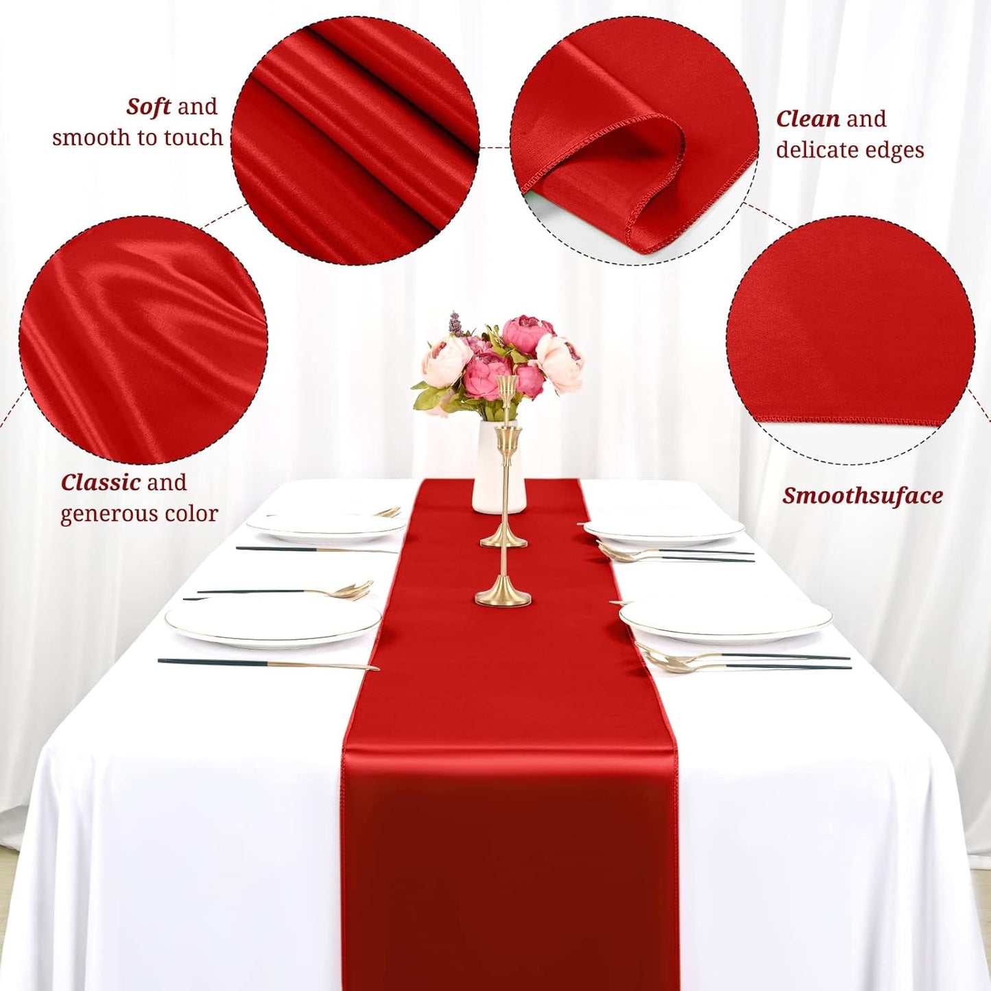 20 Pack Red Satin Table Runner,12 x 108 inch Long Premium Smooth Red Table Runners for Wedding, Banquets, Birthday, Party, Engagements,Table Runners fit Rectangle and Round Table