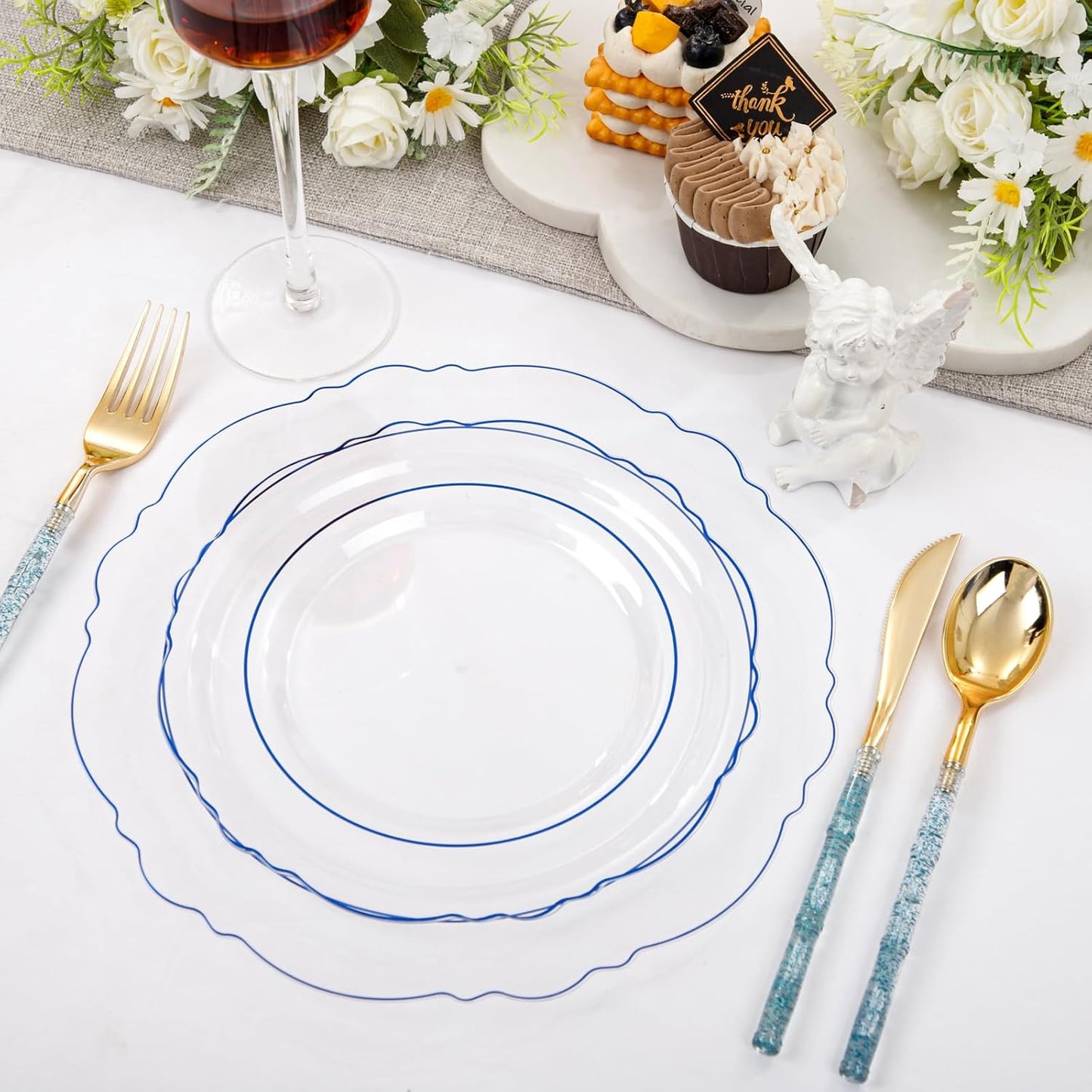 Liacere 150PCS Clear and Blue Plastic Plates-Clear and Blue Disposable Plates with Glitter Bamboo Handle Cutlery-60 Baroque Elegant Plates, 30 Forks, 30 Spoons, 30 Knives for Wedding＆Back to School
