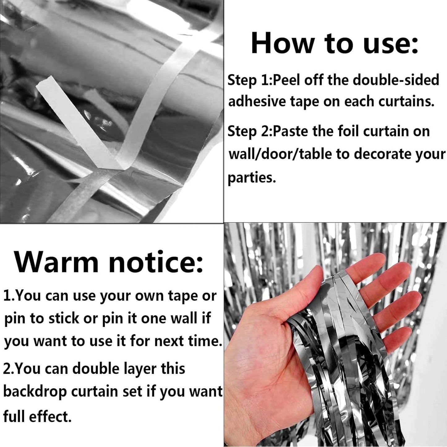 4 Pack Silver Foil Fringe Curtain Backdrop, 3.28Ft x 8.2Ft Metallic Tinsel Foil Fringe Streamer Curtains for Photo Booth Props, Birthday, Wedding, New Year’s, Christmas Decoration Party Supplies