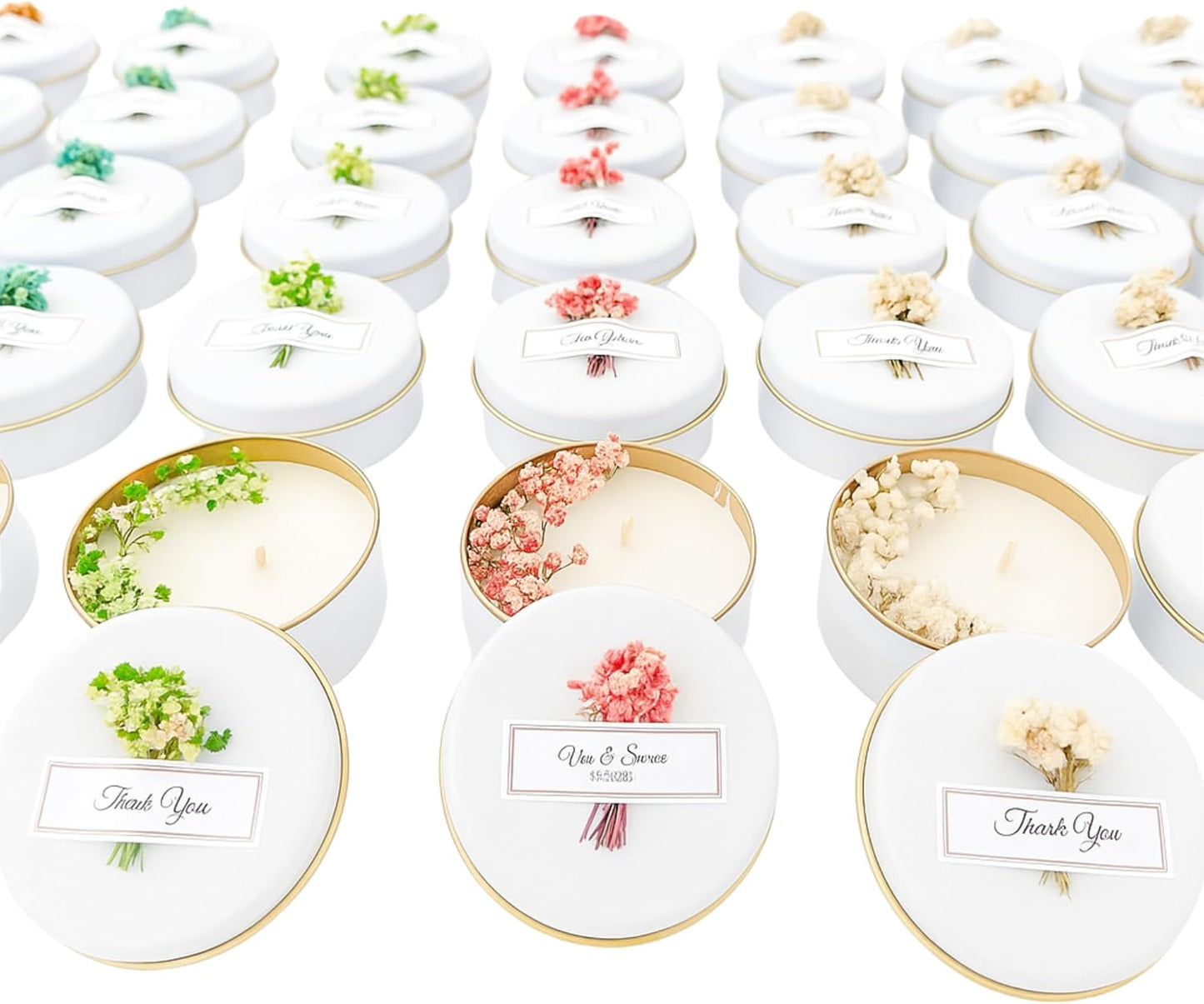 Scented Soy Wax Candle Favors with Dried Flowers - Personalized for Weddings, Bridal Showers, Baby Showers, Birthdays (10-20-30-40-50-100 PCS in Bulk)