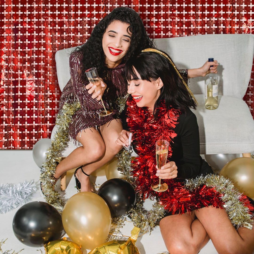 2 Pack Red Square Tinsel Party Backdrop Christmas Decorations Foil Fringe Backdrop Curtains Carnival Casino Theme Birthday New Year Holiday Celebration Bachelorette Party Decorations Supplies