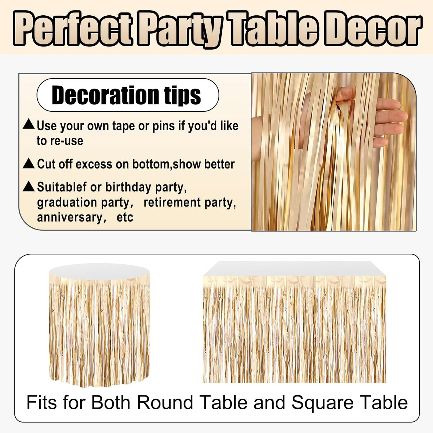 3 Pack 29x108 Inch Champagne Gold Foil Fringe Table Skirts Metallic Banner for Tinsel Streamer Garland Backdrop for Parade Floats Wedding Thanksgiving Birthday Christmas Halloween Party Decoration