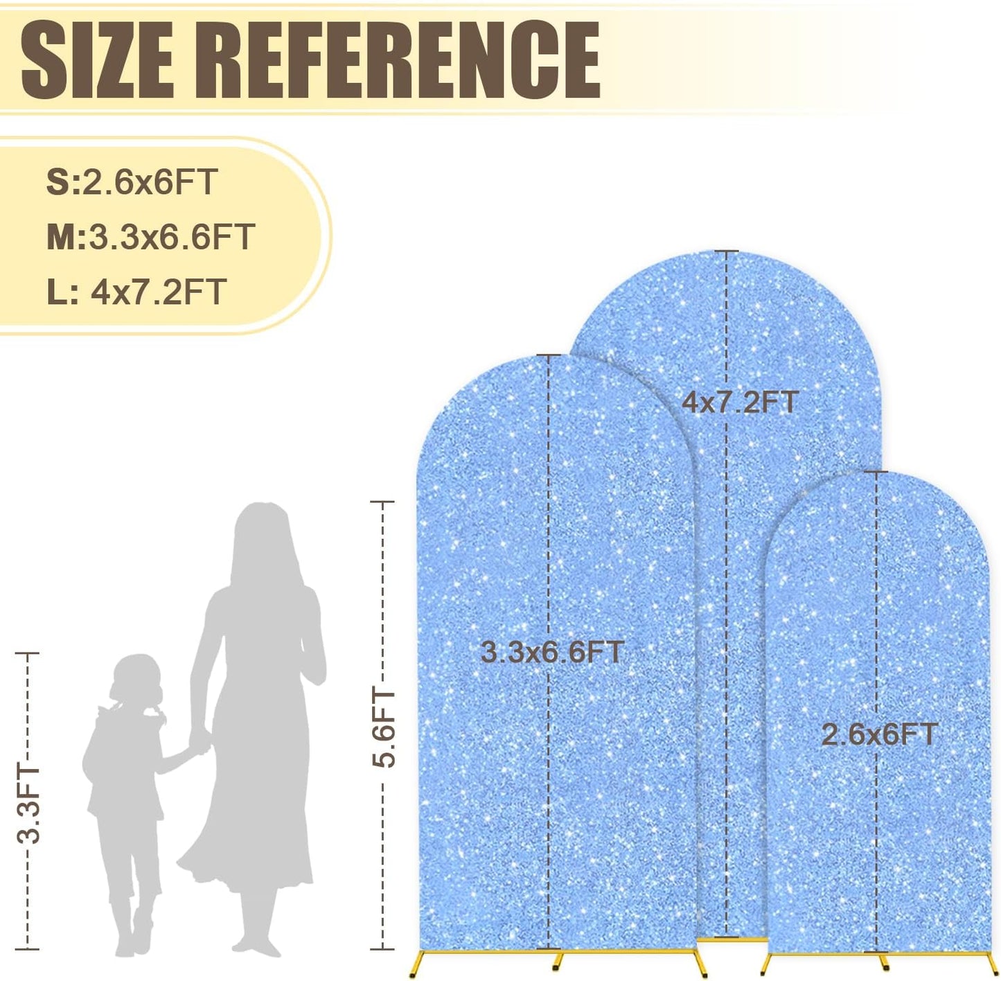 MODFUNS Arch Backdrop Stand with Cover 6&6.6&7.2ft Light Blue Sequins Arch Backdrop Cover Set of 3 Metal Arch Stand Double Sided Glitter Arch Covers for Wedding Ceremony Banquet Party Decoration