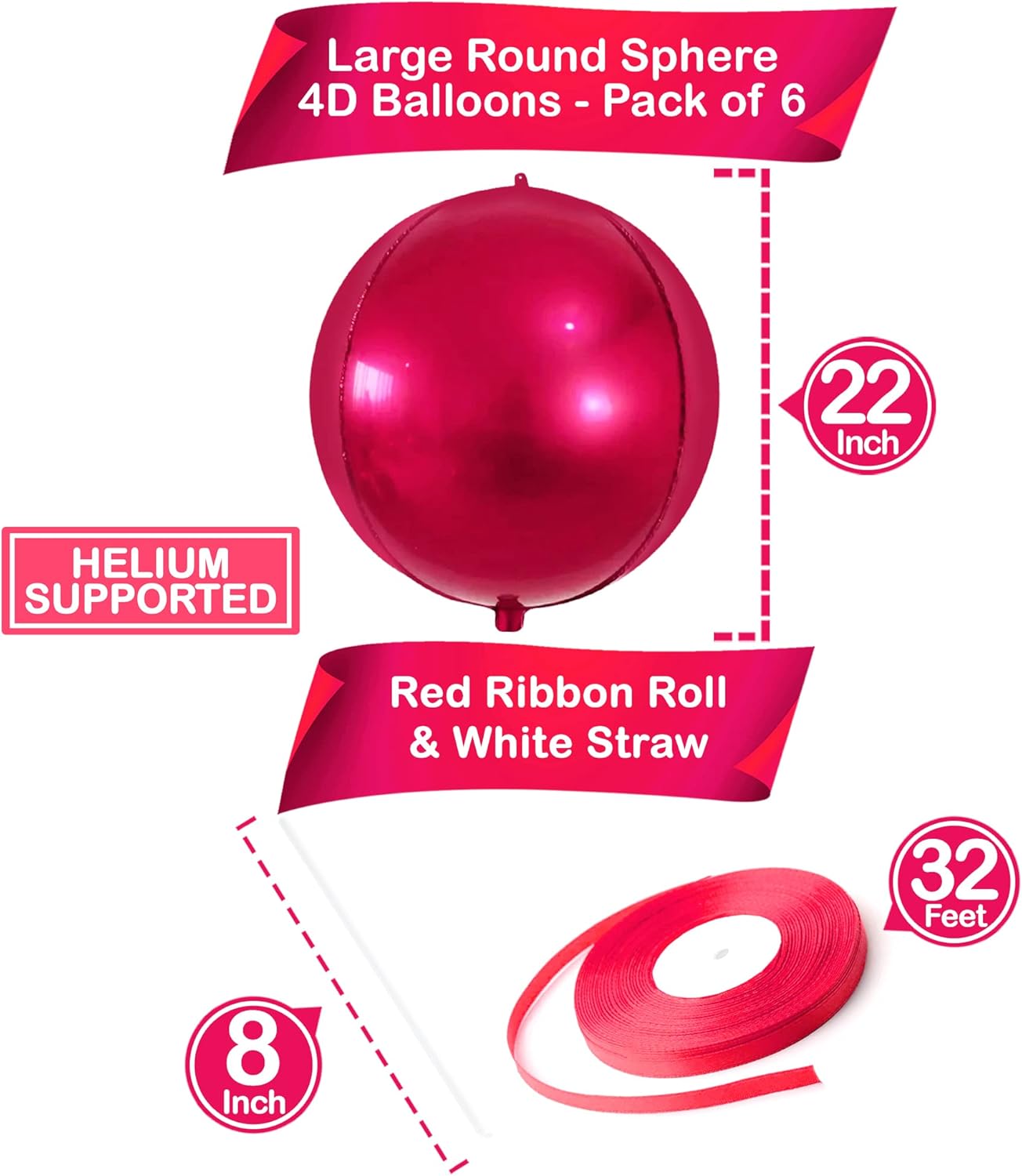 KatchOn Large Round Foil Balloons Set - 22 Inch, Pack of 6 | Metallic Hot Pink Balloons for Pink Theme Birthday & Wedding Decorations