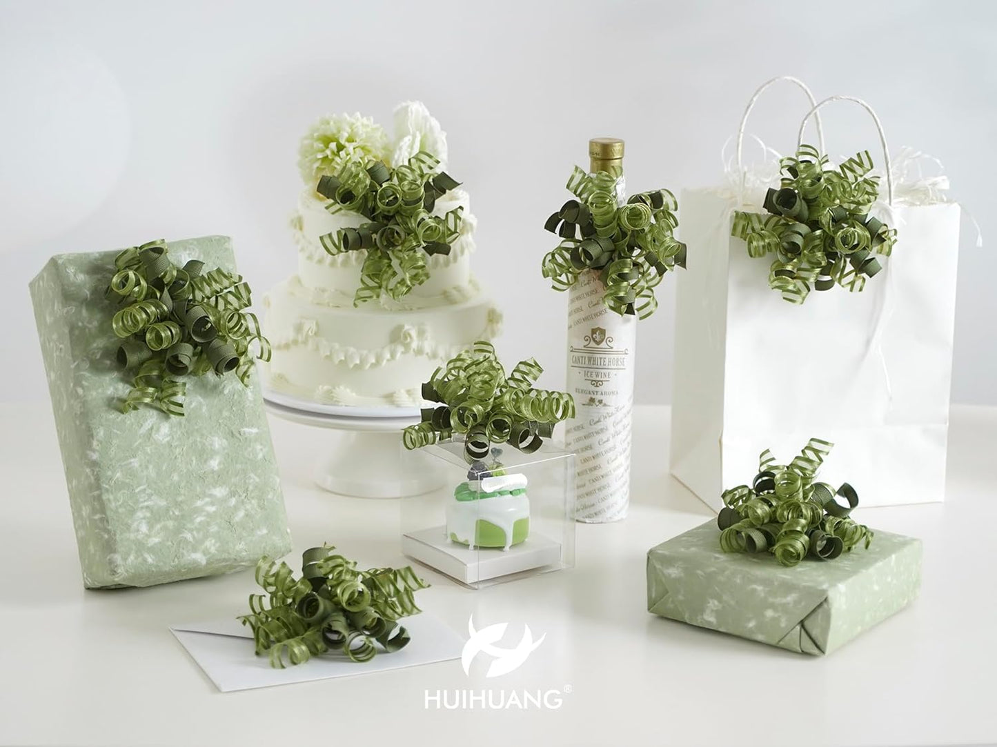 HUIHUANG Green Bows for Gift Wrapping Christmas Gift Bow 5 inch x 8 Counts Moss Green Self-Adhesive Curly Ribbon Bows for Presents, Paper Bag, Party Favors, Wrapping Accessories