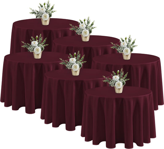 Fitable 6 Pack Burgundy Round Tablecloths - 120 Inches in Diameter - Stain Resistant and Washable Table Clothes, Polyester Fabric Table Covers for Wedding, Party, Banquet, Formal Events