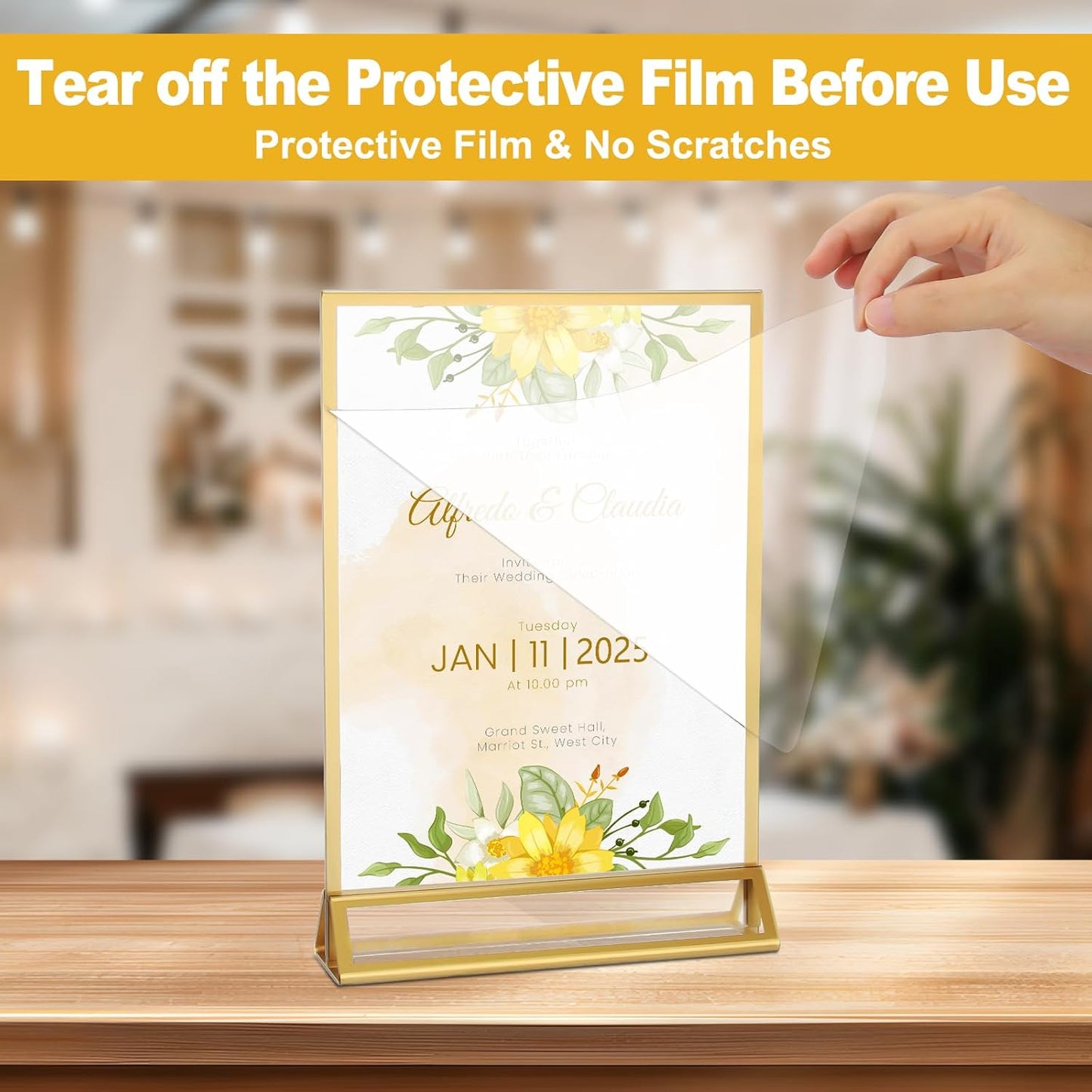 EHWINE 6 Pack Acrylic Sign Holder 5 x 7, Double Sided Gold Picture Frame Stand up Table Top Sign Holders, Clear Display Stand Menu Flyer Holder for Wedding Party