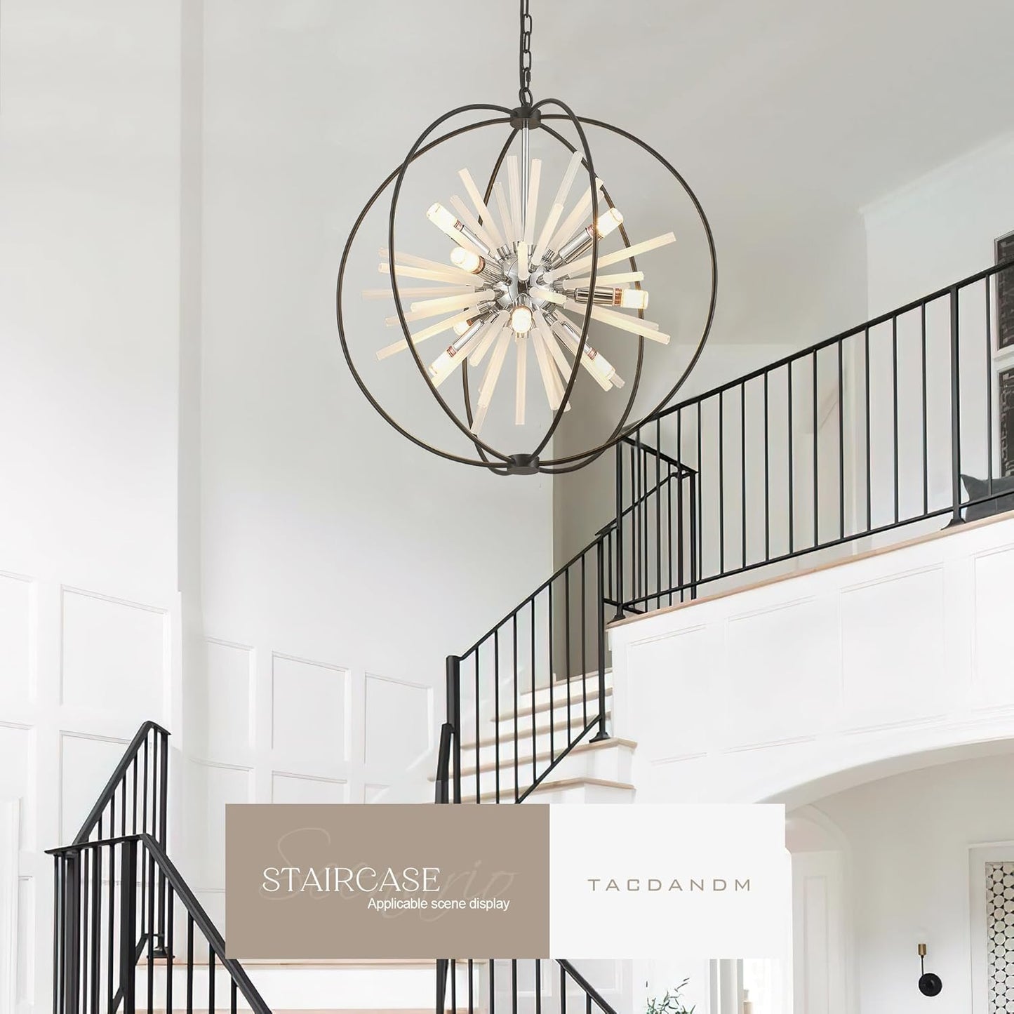 23.6" Black Chrome 12-Light Globe Sputnik Chandelier Modern Adjustable Hanging Ceiling Glass Tube Pendant Light Fixture for Entryway Foyer Staircase Dining Living Room Hallway