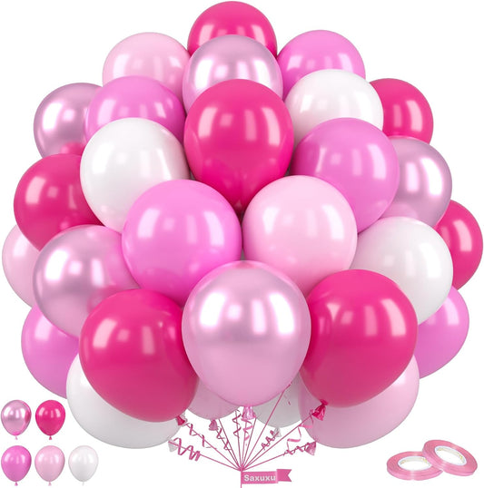 Pink Balloons, 12 Inch Hot Pink Balloons, Pastel Metallic Pink White Latex Balloon Helium for Girls Birthday Baby Shower Wedding Gender Reveal Bridal Shower Princess Party Decoration