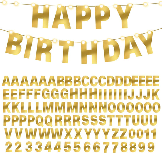 TaoBary 112 Pcs DIY Letter Custom Banner Glitter Customizable Banner Kit Including 107 Letters and Numbers 3 Rope for Valentine Birthday Party(Bright Gold)