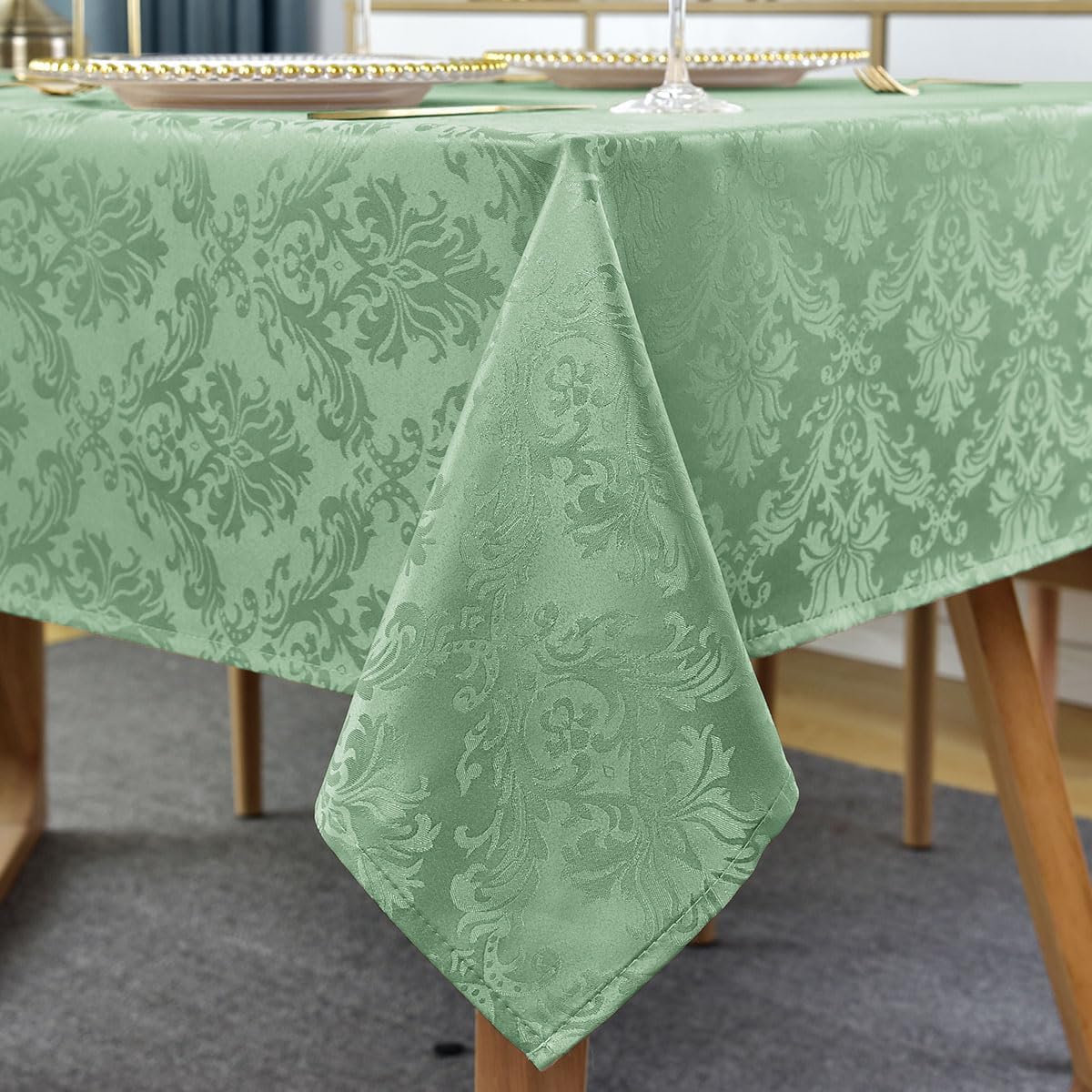 Flower Jacquard Rectangle Tablecloth 52 x 70 Inch Waterproof Wrinkle Free Washable Damask Table Cloth, Heavy Fabric Table Cover for Dining, Party, Indoor, Outdoor, Sage Green