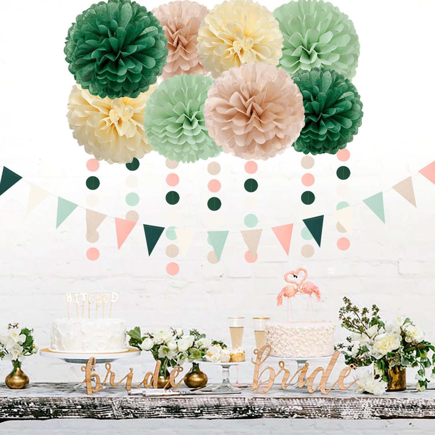 Olive-Sage Green Champagne-Gold Party Decorations - 23pcs Rustic Wedding Tissue Pom Poms Streamers, Boho Bachelorette Neutral Baby Shower Birthday Bridal Decor Ouruola