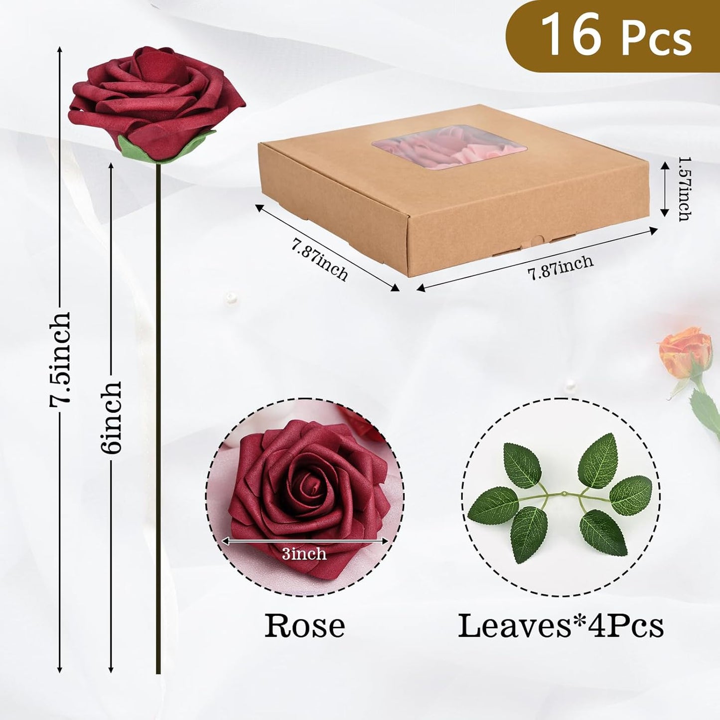 BLEUM CADE 16Pcs Artificial Flowers Fake Roses with Stems, Gradient Burgundy Boxed Foam Roses for DIY Bouquets Centerpieces Wedding Party Arrangement Bridal Shower Decor