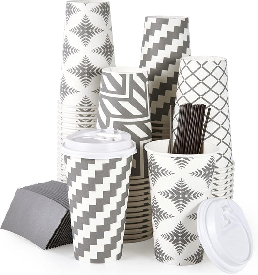 LITOPAK 100 Pack 16 oz Paper Coffee Cups, Disposable Coffee Cups with Lid, Sleeve, and Straws for Home, Stores, and Cafes