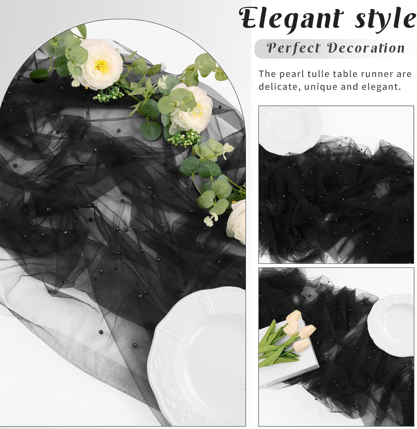Pearl Table Runner 29 x 120 Inch Tulle Fabric Lace Table Runners Boho Rustic Tablecloth for Bridal Shower Birthday Party Wedding Arch Aisle Veil Dessert Table Decor(1 Pack, Black)