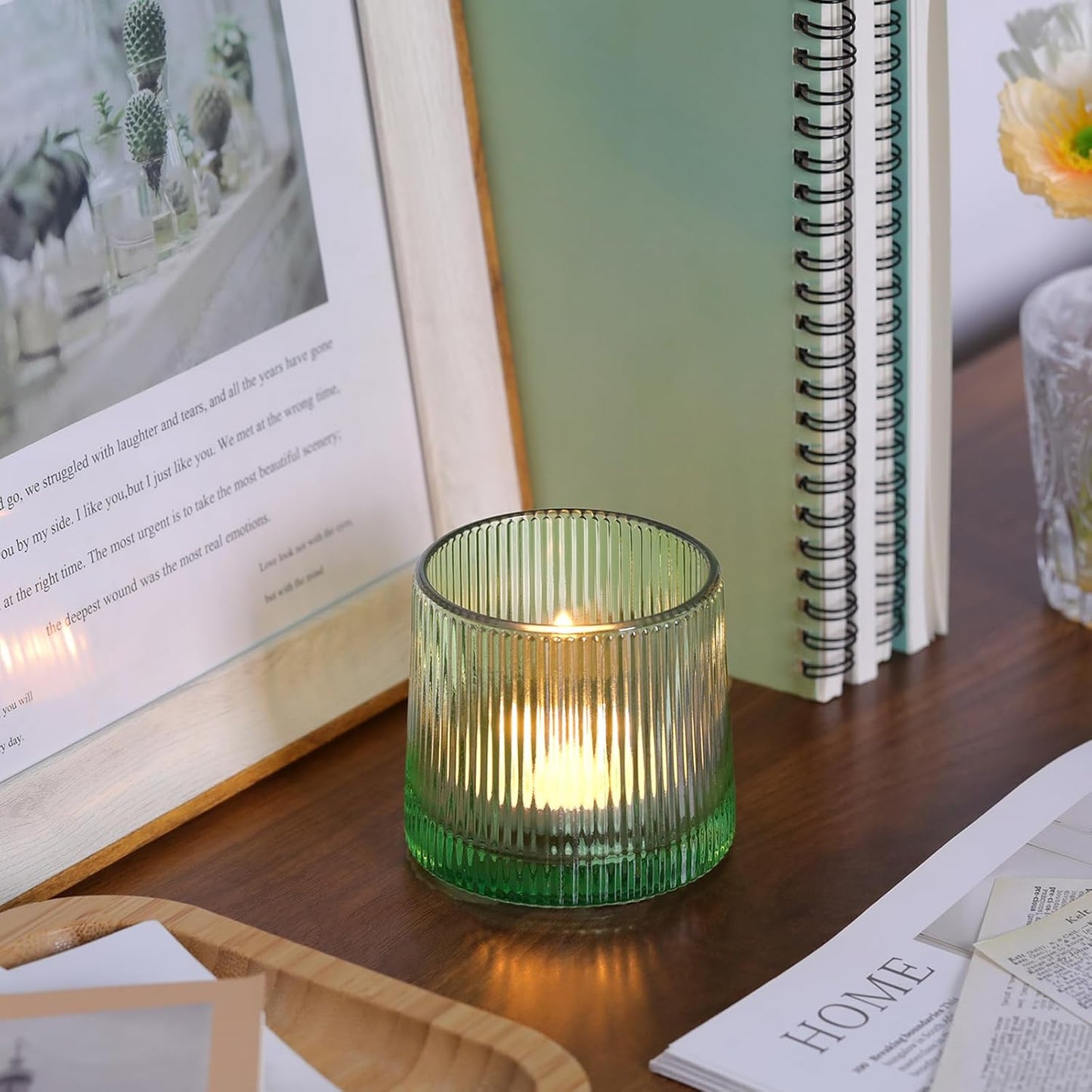DARJEN Green Ribbed Tealight Votive Candle Holders Set of 10- Votive Candle Holders for Table Centerpiece, Tea Light Candle Holder Glass for Wedding and Home Decor, Green Decor and Gifts