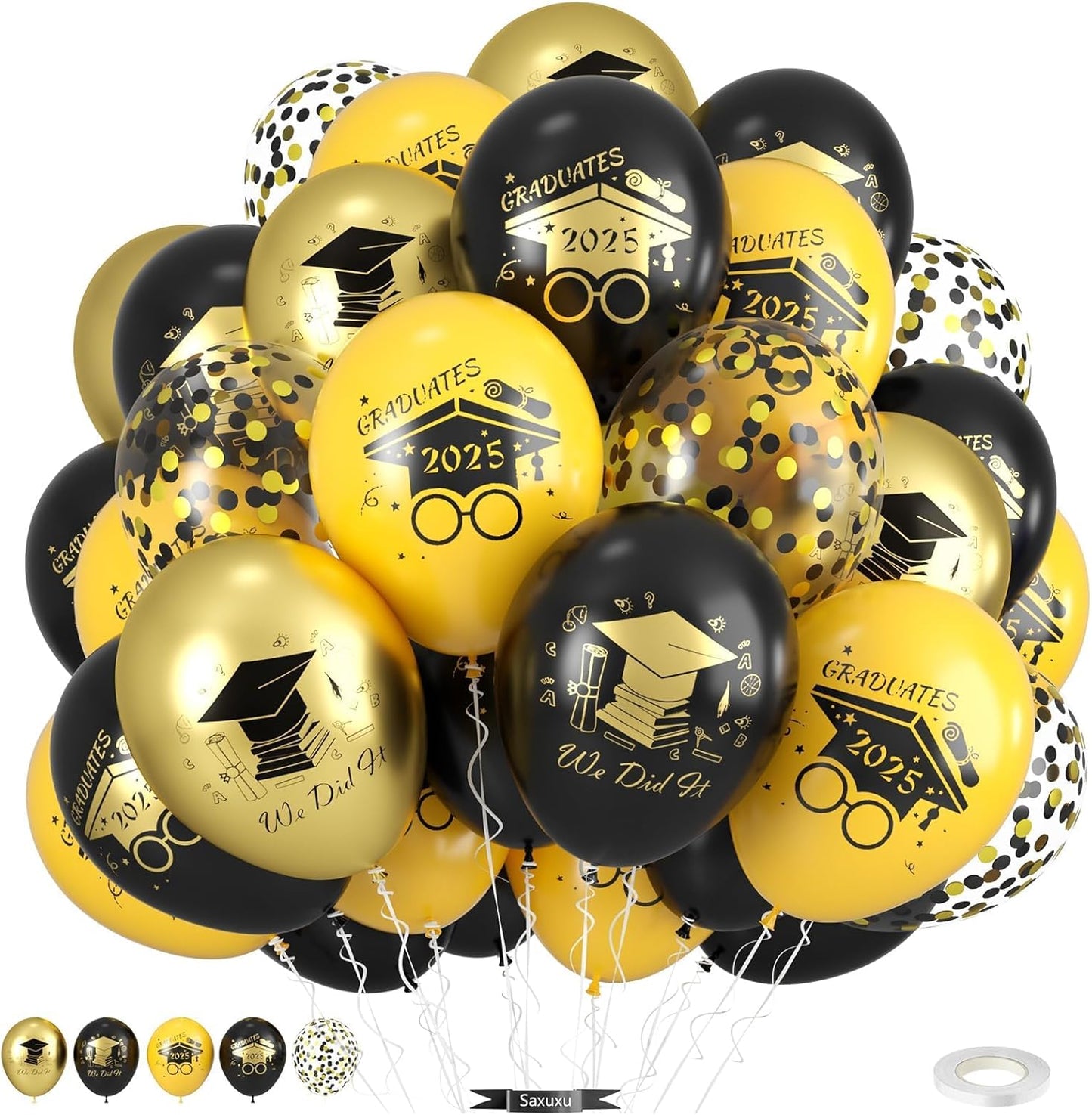 2025 Graduation Balloons, 12 Inch Black and Gold Congratulations Congrats Confetti Balloons for Graduation Party Black and Gold Birthday Decorations